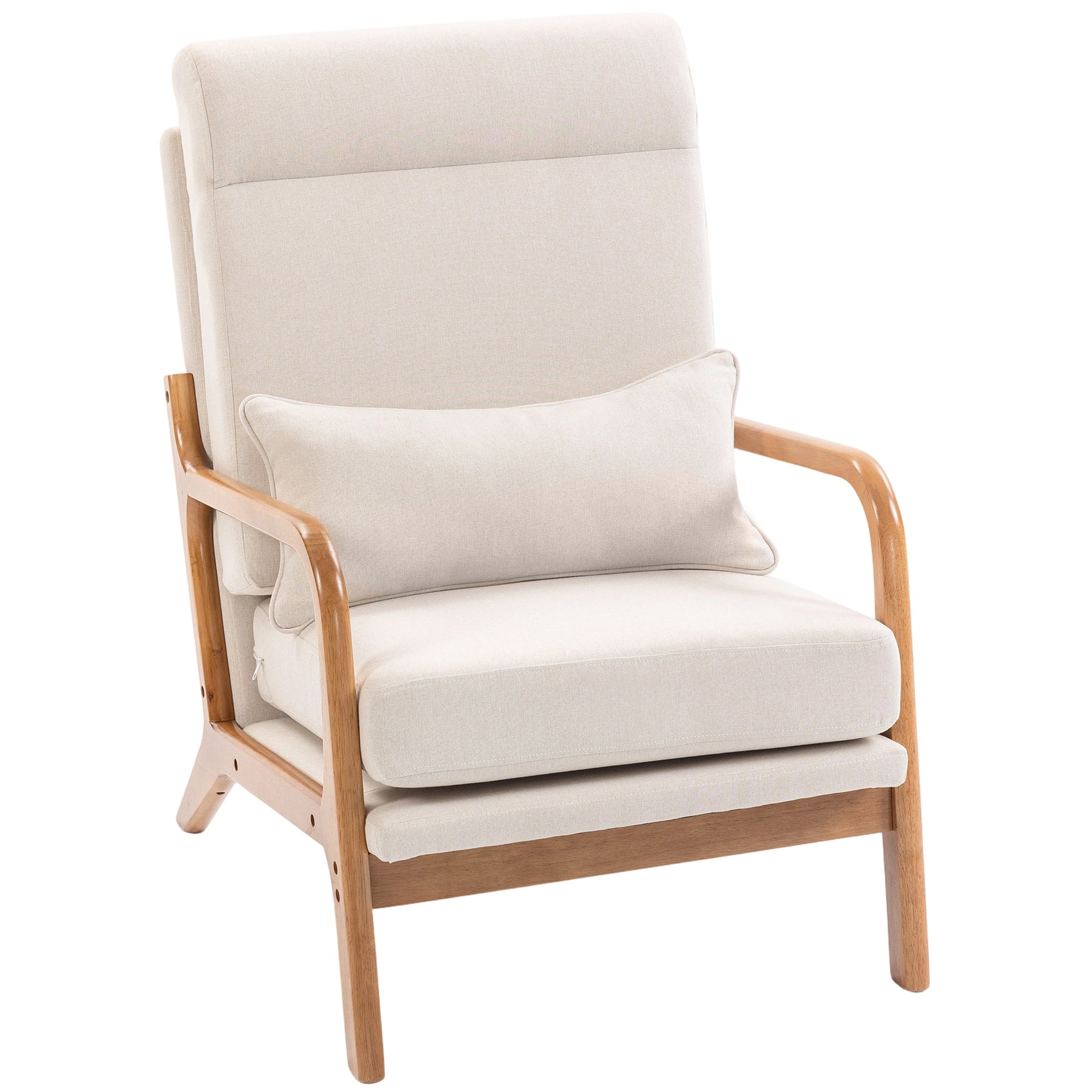 Modern Accent Chair, Linen Armchair with Lumbar Pillow, High Back, Wide Seat, Thick Cushion, Solid Wood Frame, Cream Whi