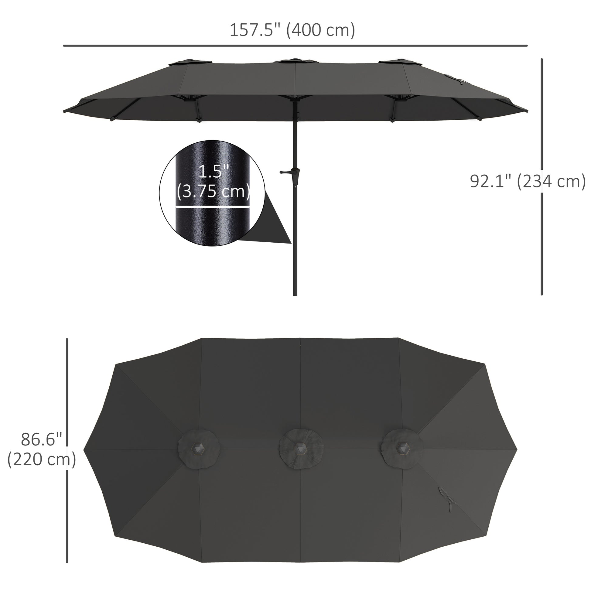 13ft Double-Sided Patio Umbrella with Crank Handle, for Poolside, Deck, Garden,  Dark Grey