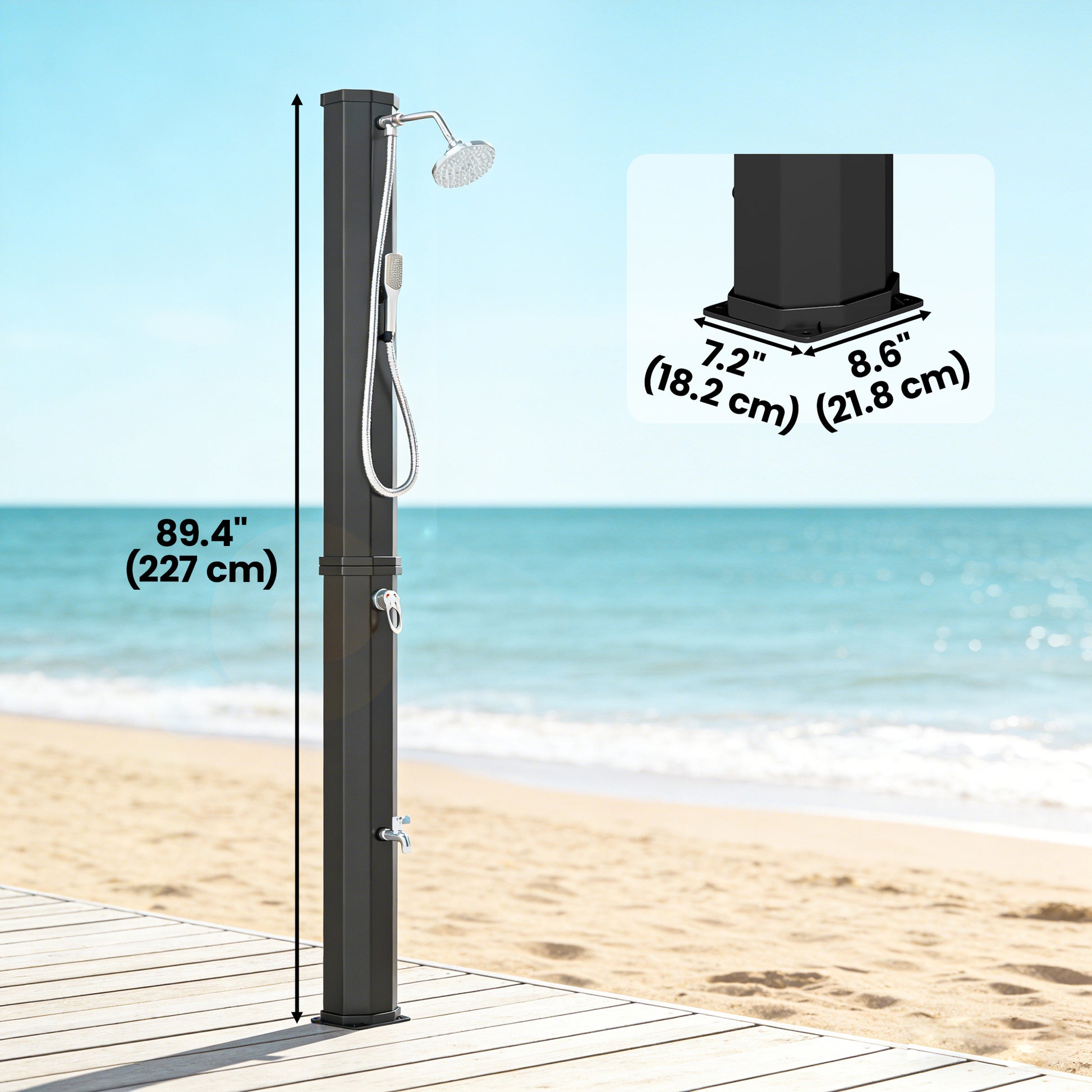16 Gal Solar Heated Shower, 7.4 FT Outdoor Shower with 2 Shower Heads, Adjustable Temperature, Foot Faucet