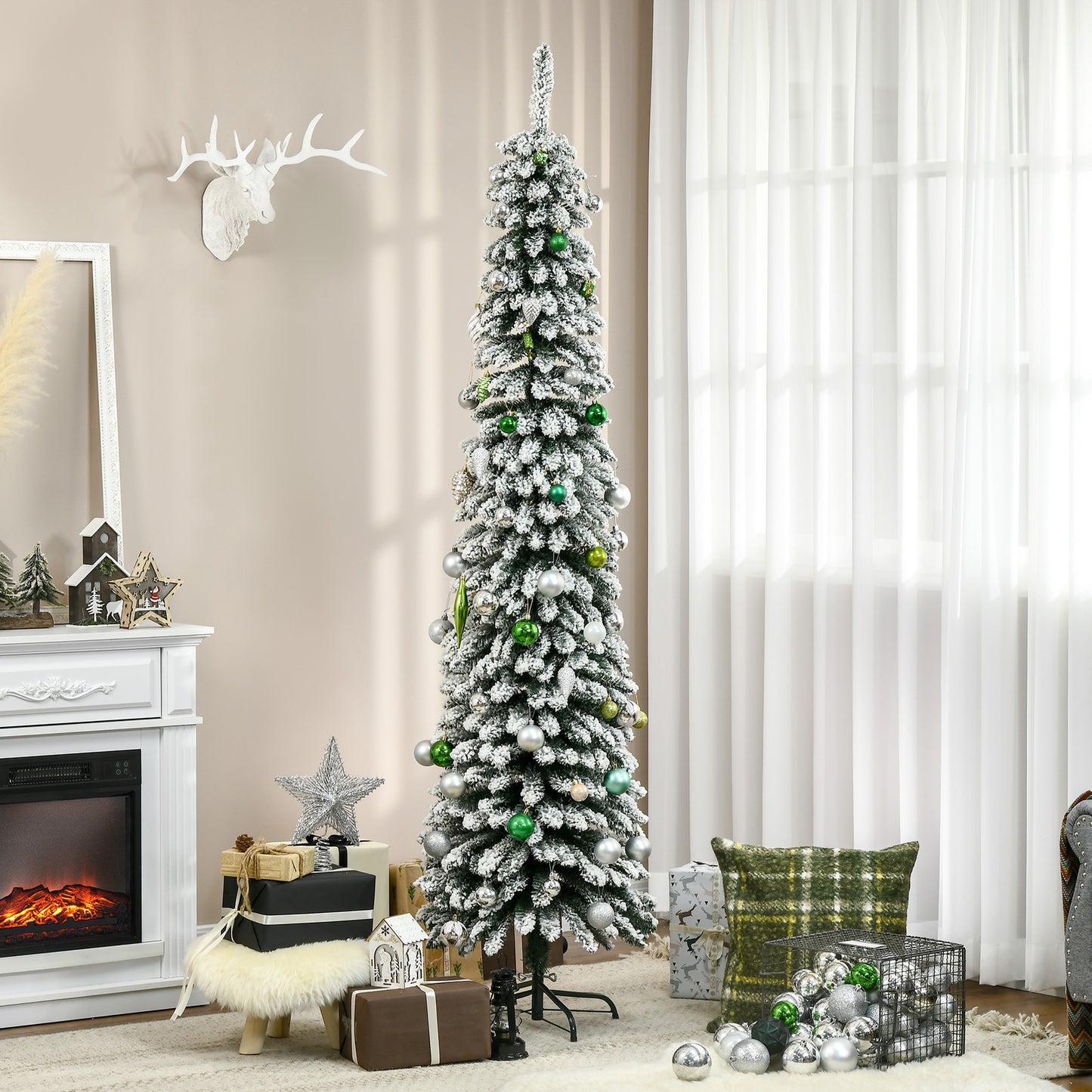 7ft Snow-Flocked Artificial Christmas Tree, Slim Pencil Xmas Tree with 490 Realistic Branches, Metal Base, Green