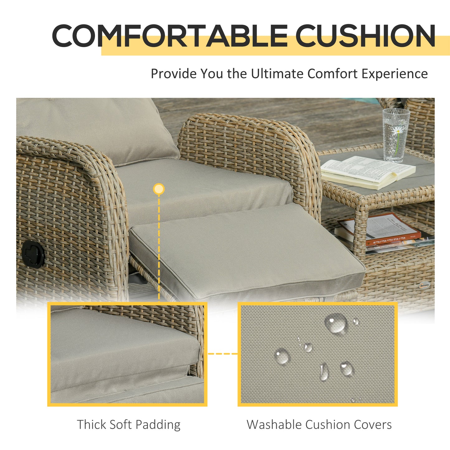 3 Pieces Patio Wicker Bistro Set, PE Rattan Coffee Table & Adjustable Recline Chairs Furniture Set with Cushions and Woo