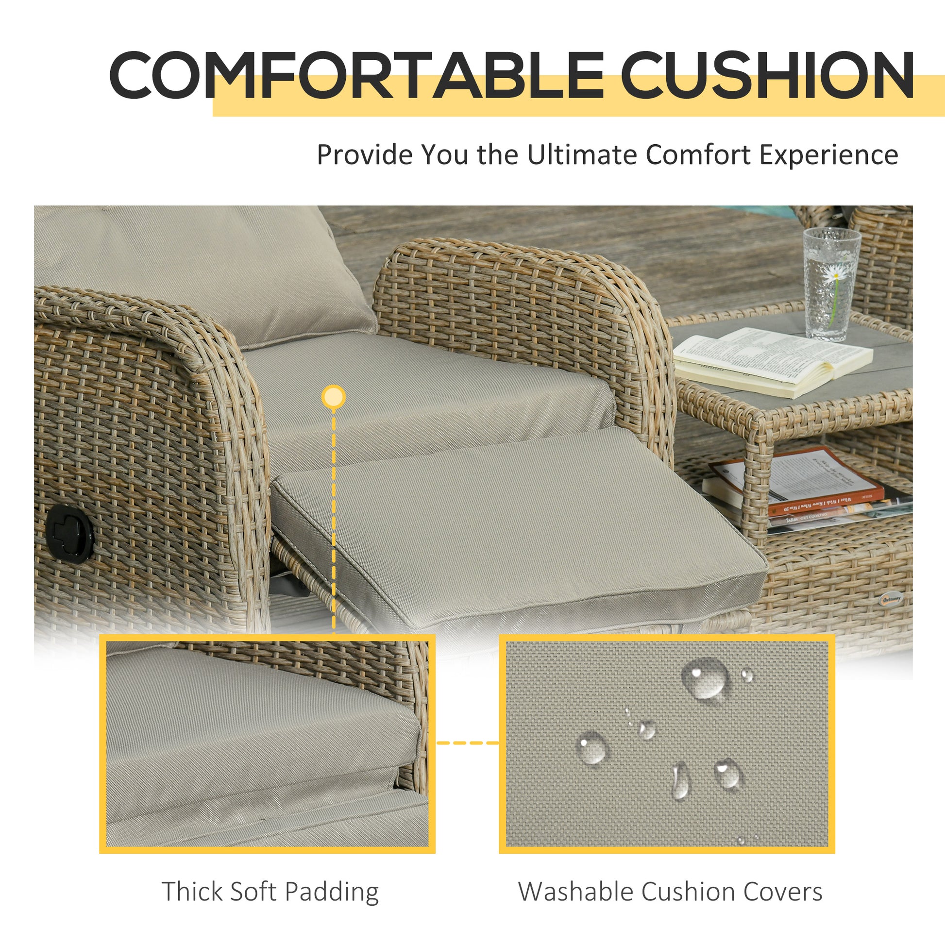 3 Pieces Patio Wicker Bistro Set, PE Rattan Coffee Table & Adjustable Recline Chairs Furniture Set with Cushions and Woo