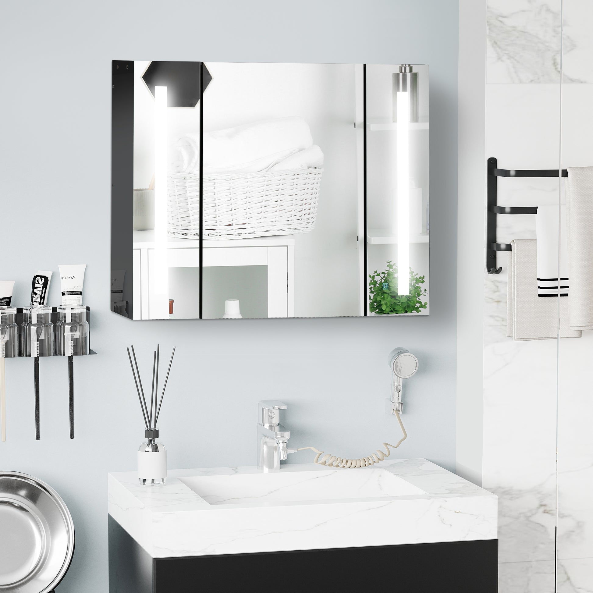 Bathroom Mirror Cabinet with LED and Adjustable Shelves, Wall Mounted Medicine Cabinet, High Gloss Black