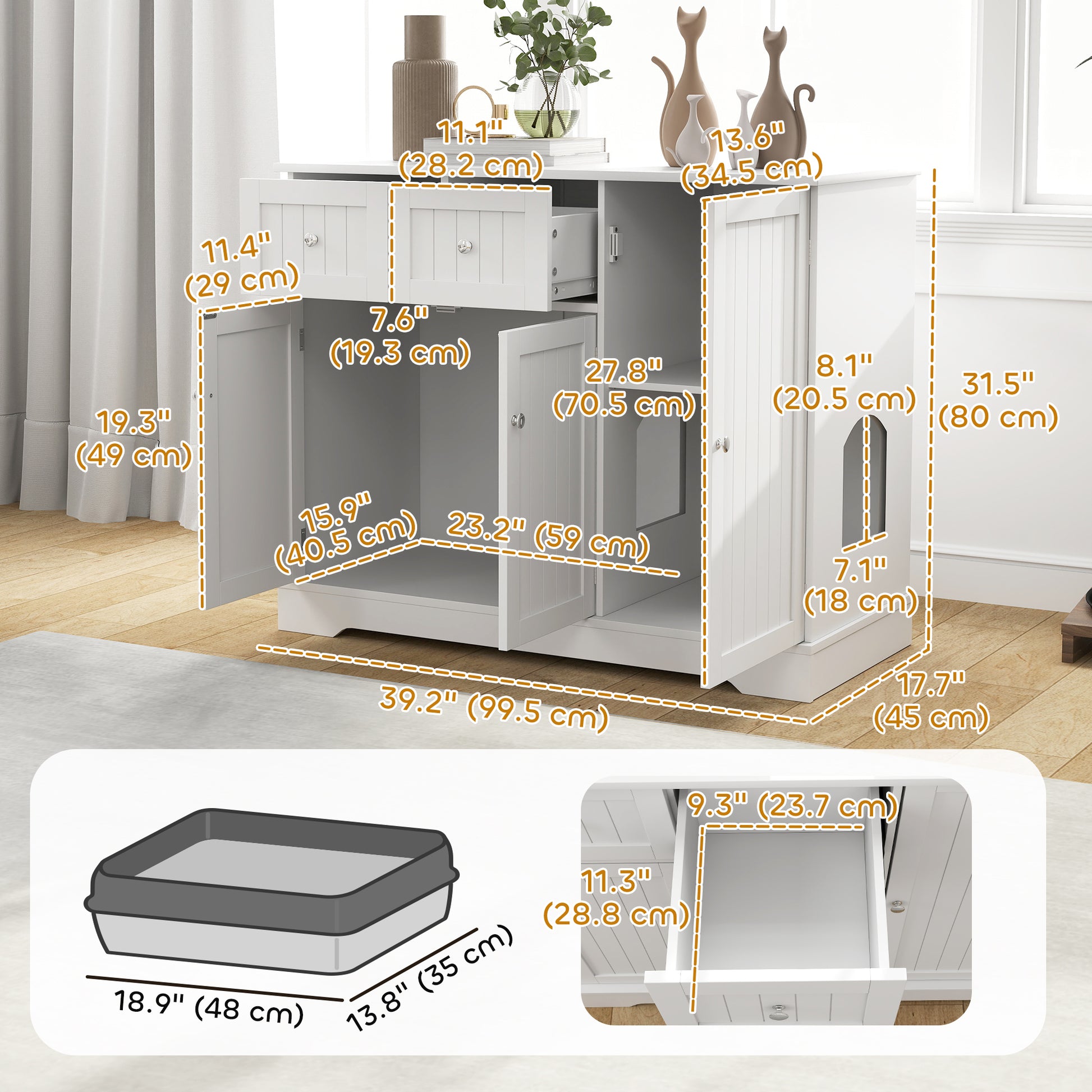 Cat Litter Box Enclosure with Drawer, Storage, Anti-tip Kit, for Living Room, Bedroom, White