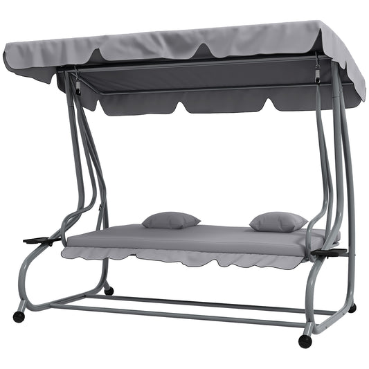 Outdoor 3-Seater Patio Swing Chair, Outdoor Swing Seat, with Adjustable Canopy and Two Pillows for Garden, Light Grey