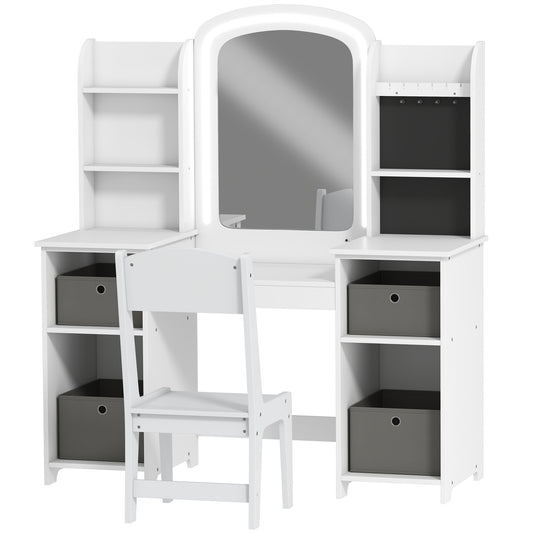 Qaba Kids Vanity Table and Chair, Toddler Dressing Table and Chair Set with Lighted Mirror for Little Girls, White