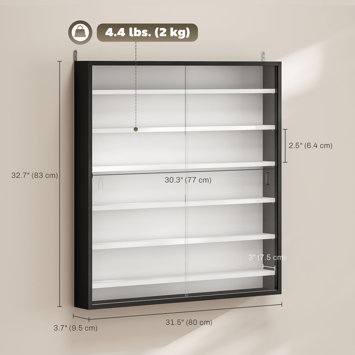 7-Tier Display Cabinet, Shot Glass Display Case, Glass Curio Cabinet with Glass Doors, Black and White