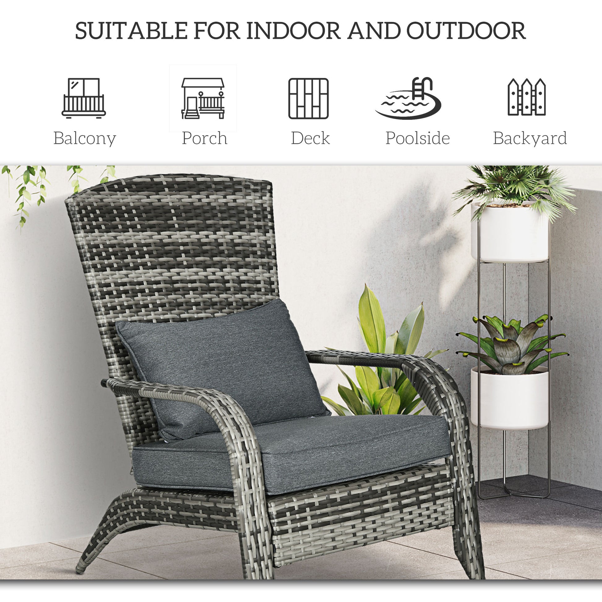 Patio Wicker Adirondack Chair, Outdoor PE Rattan Fire Pit Chair, Muskoka Chair w/ Soft Cushions, Tall Curved Backrest an