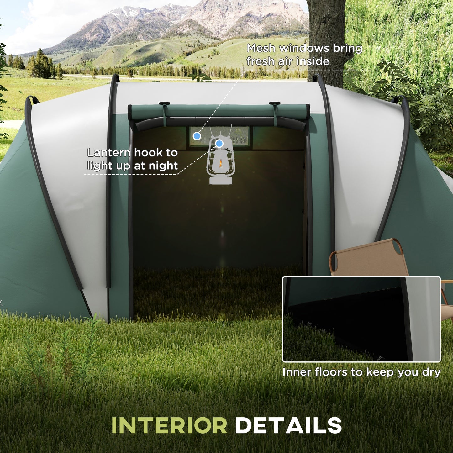 Camping Tent with 2 Bedrooms and Living Area, 3000mm Waterproof Family Tent, for Fishing Hiking Festival, Army Green