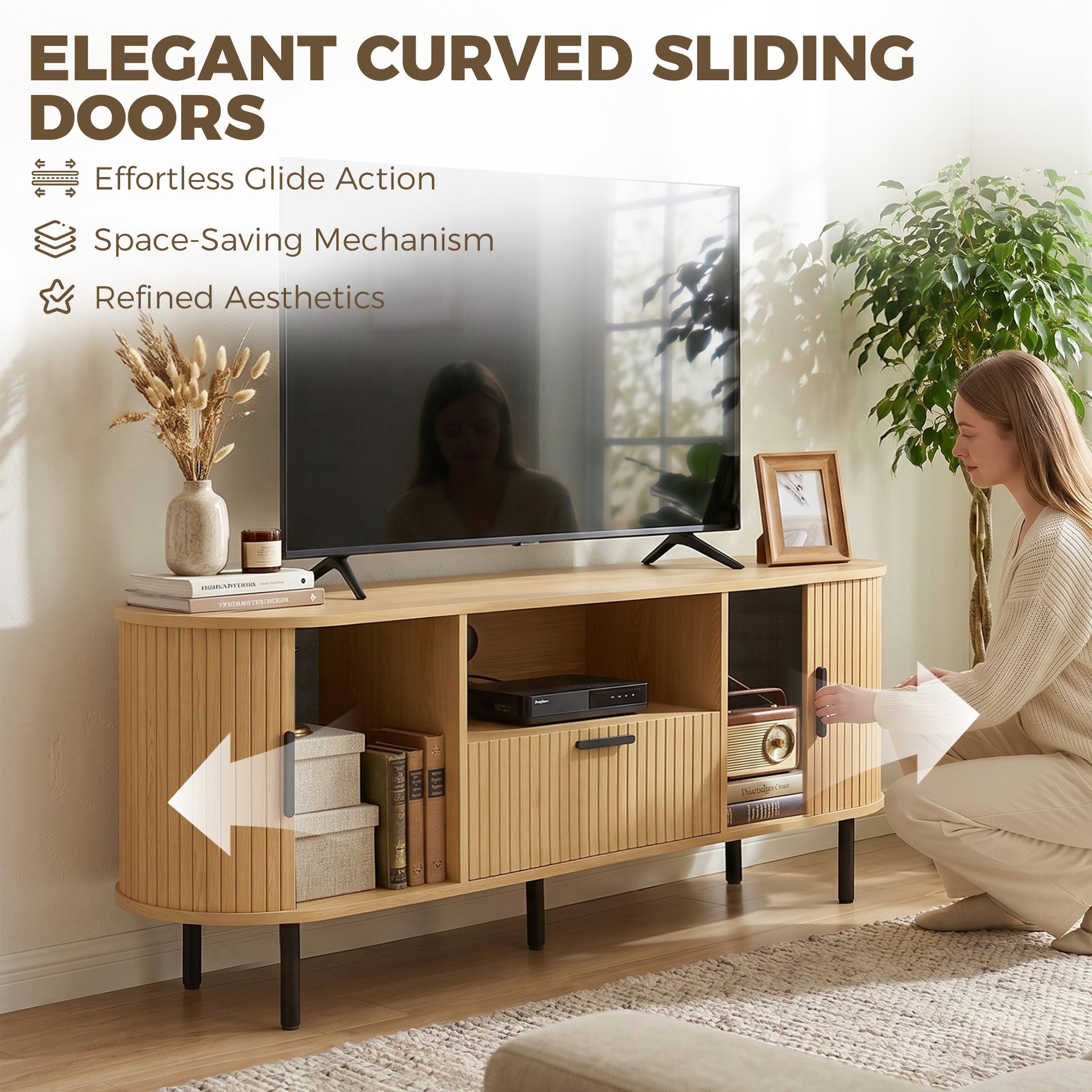 TV Stand for TVs up to 60", Modern Entertainment Center with Curved Sliding Doors and Storage, Natural Wood