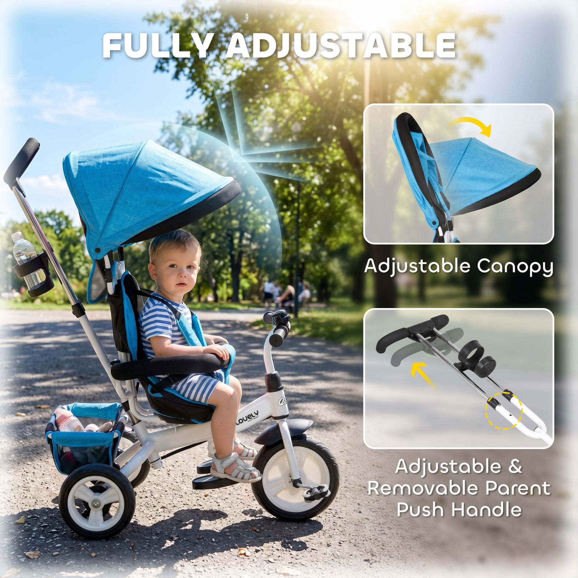 Qaba 6 in 1 Toddler Tricycle Stroller with Basket, Canopy, 5-point Safety Harness, for 12-60 Months, Blue