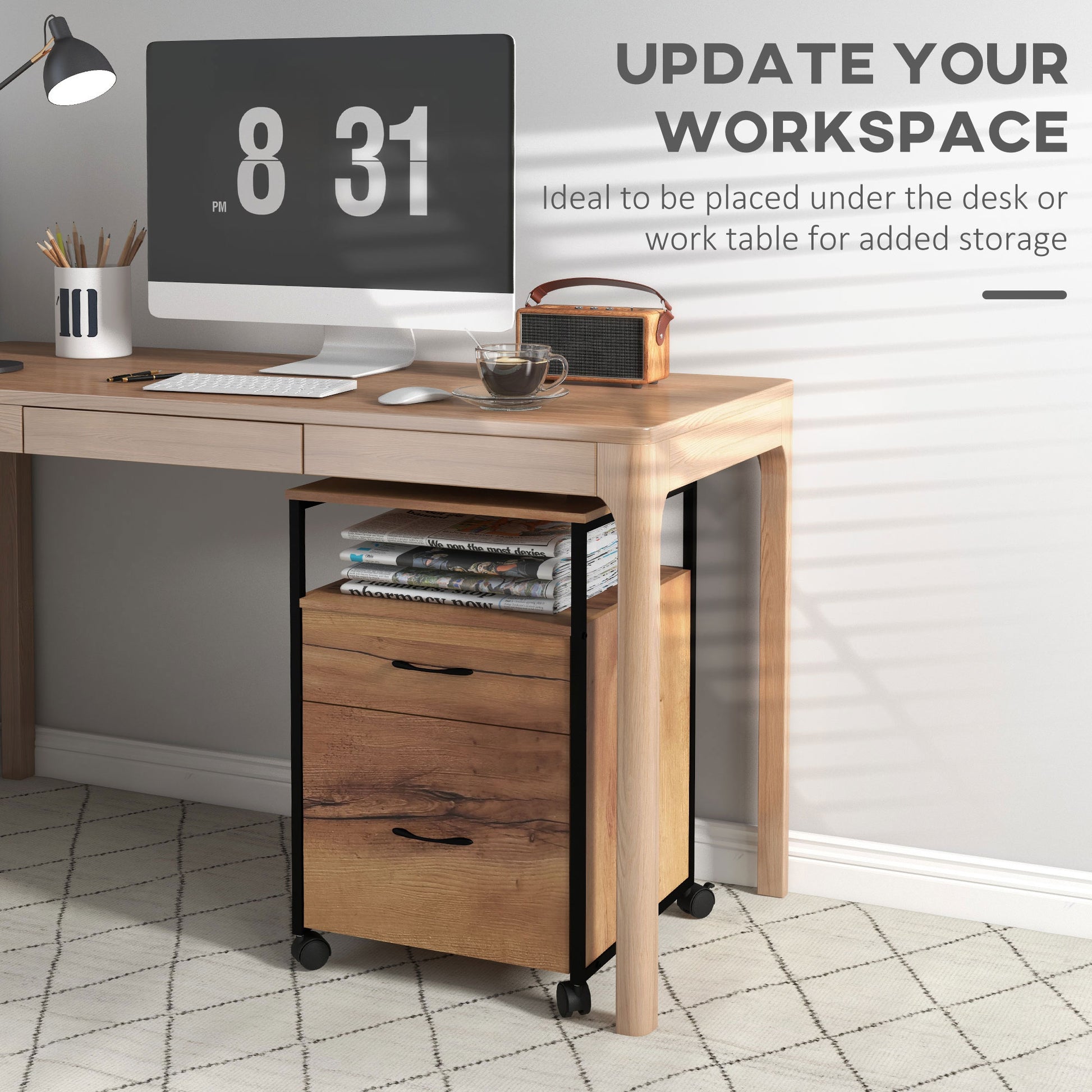 Vertical Filing Cabinet with Wheels, 26.2" Tall File Cabinet with 2 Drawers, Open Shelf, Hanging Bars for Letter and A4,