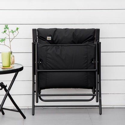 Foldable Lounge Chair, Fabric Upholstered Recliner, Outdoor Lounger with Armrest, Metal Frame for Backyard, Black