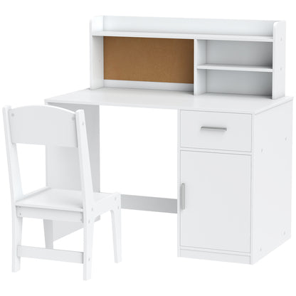 Qaba Kids Desk and Chair Set, Kids Study Table and Chair Set with Storage Hutch, Drawer, Cabinet, Compartments, Cork Boa