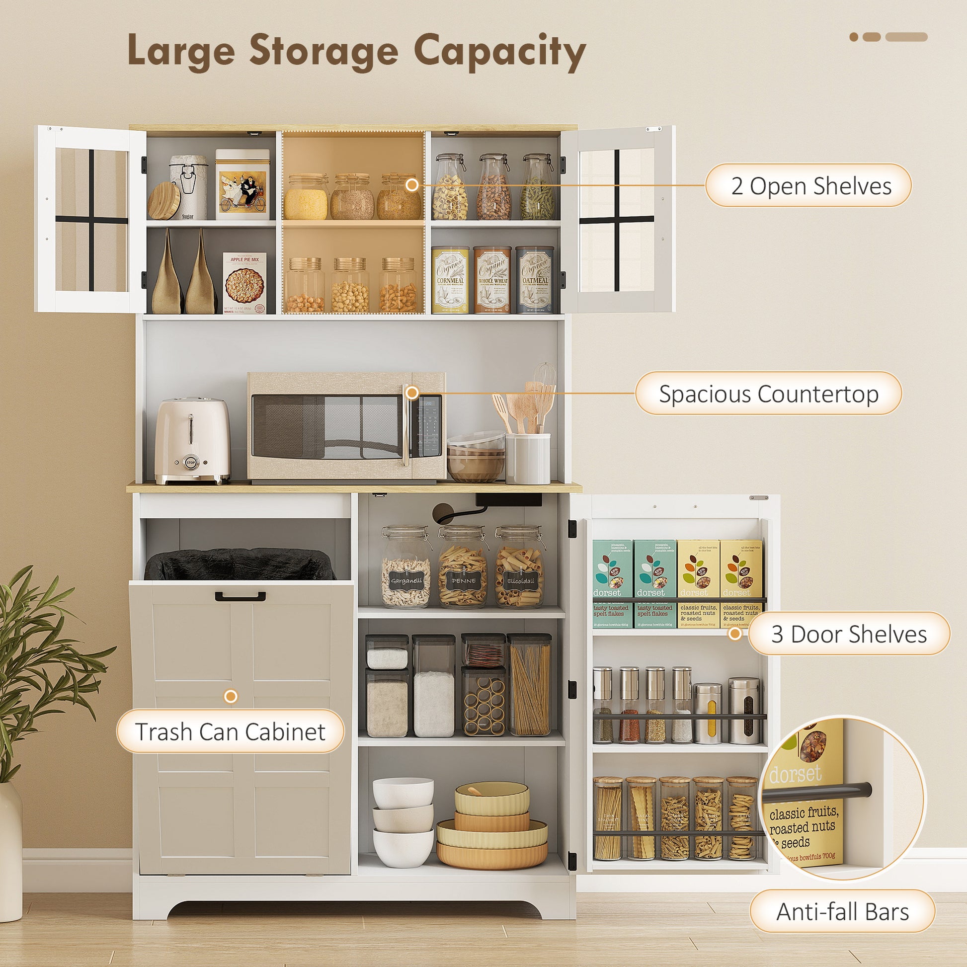 Kitchen Pantry Cabinet with Charging Station, 7 Gallon Trash Can Cabinet, Adjustable Shelves and Acrylic Doors, White