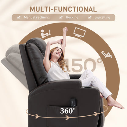 Massage Recliner Chair, Swivel Nursery Rocker Chair, Manual Reclining Sofa with 8 Vibration Points, PU Leather, Cup Hold