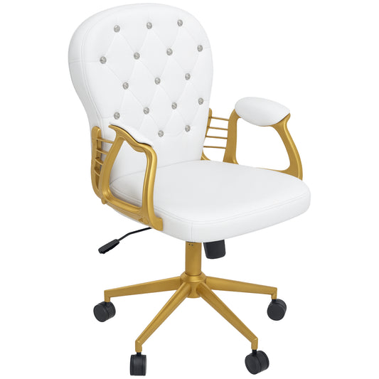 Velvet Office Desk Chair Button Tufted Vanity Chair with Swivel Wheels, Adjustable Height and Tilt Function, Cream White