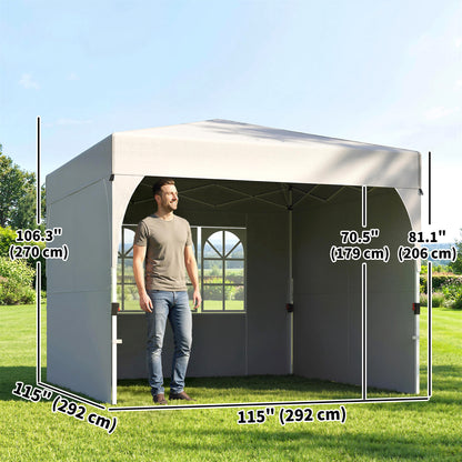 9.6 x 9.6 ft Pop Up Canopy Tent with 3 Sidewalls, UPF 50+ 1-Button Push Easy Setup Outdoor Instant Canopy, Light Grey