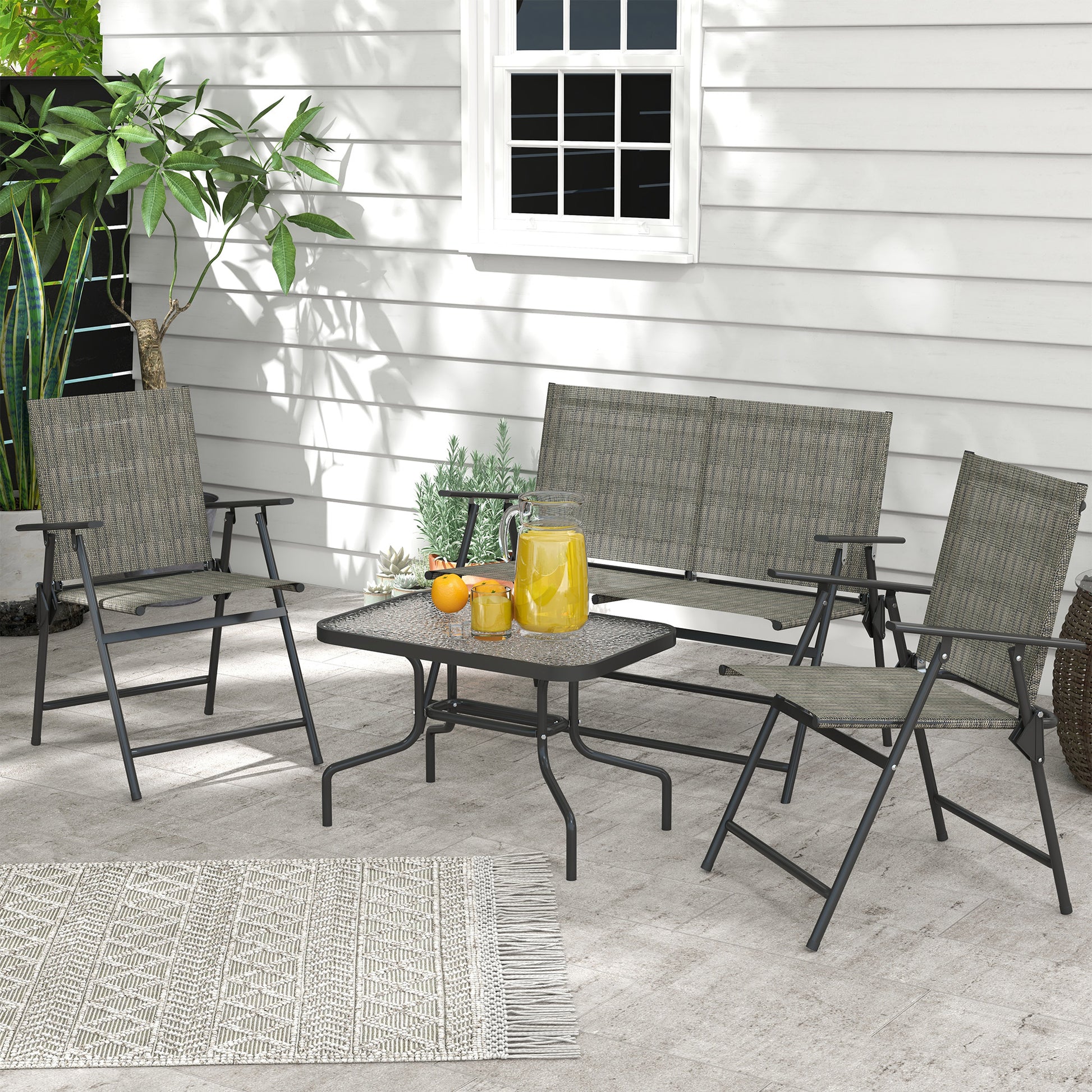 Outdoor 4 Pieces Patio Furniture Set, Garden Set with Two Foldable Armchairs, a Loveseat & Glass Top Table, Mixed Brown