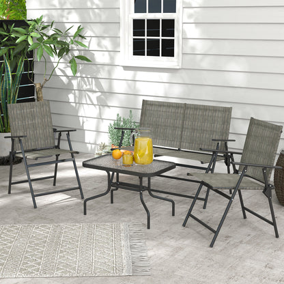 Outdoor 4 Pieces Patio Furniture Set, Garden Set with Two Foldable Armchairs, a Loveseat & Glass Top Table, Mixed Brown