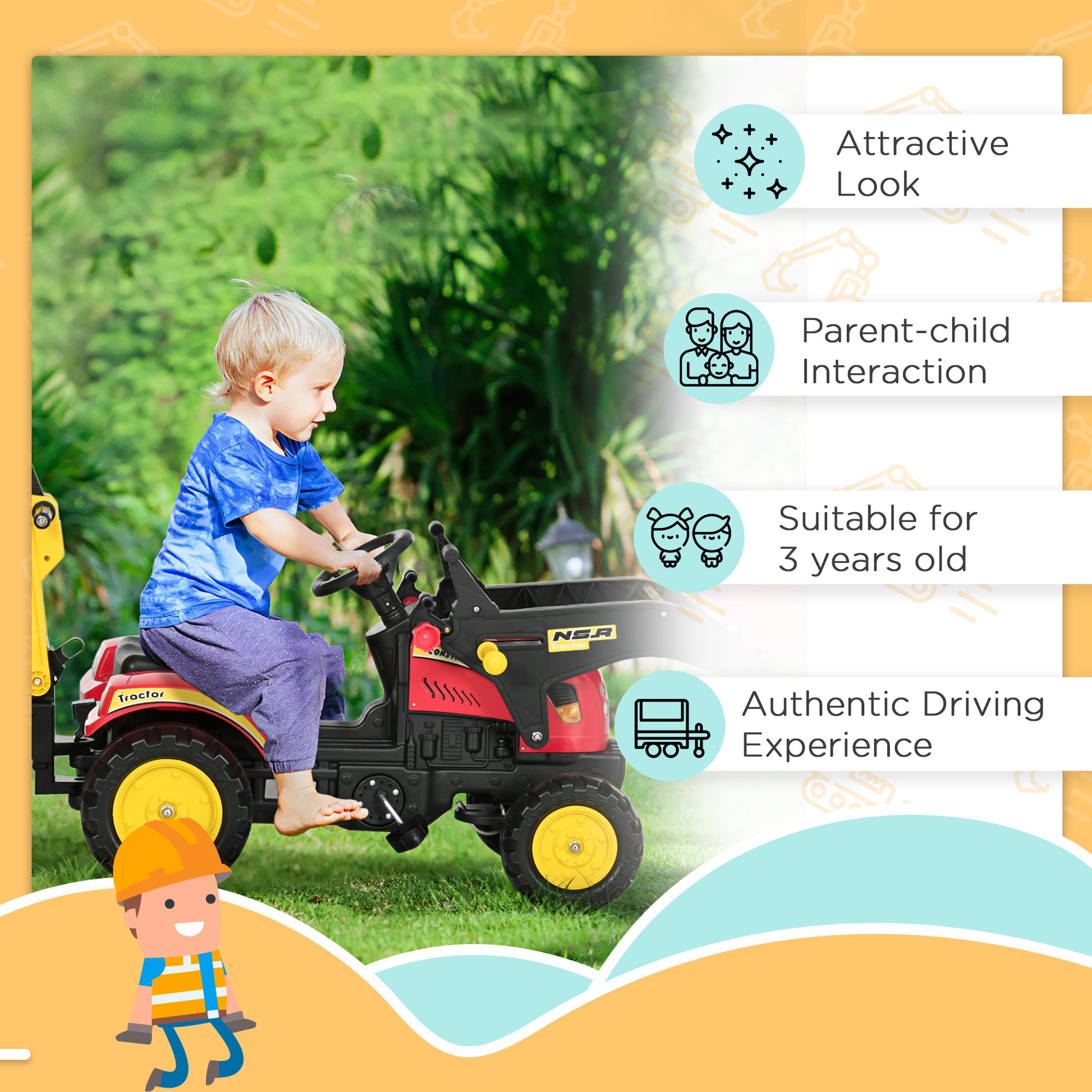VarietyKart Ride on Toy Dump Truck for Kids, Pedal Construction Car with Detachable Trailer for 3 Years Old, Red