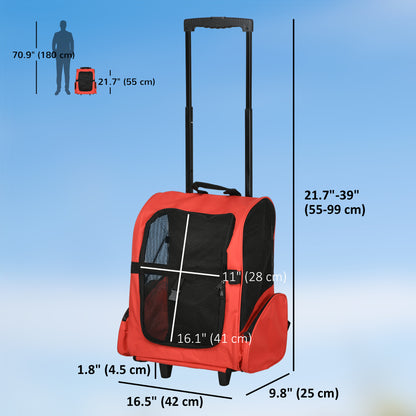 2-IN-1 Pet Luggage Box Backpack Carrier Cats Dogs w/ Handle, Rolling Wheel Red