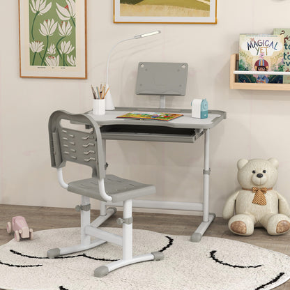 Qaba Kids Desk and Chair Set Height Adjustable Student Writing Desk Children School Study Table with Tilt Desktop, Grey