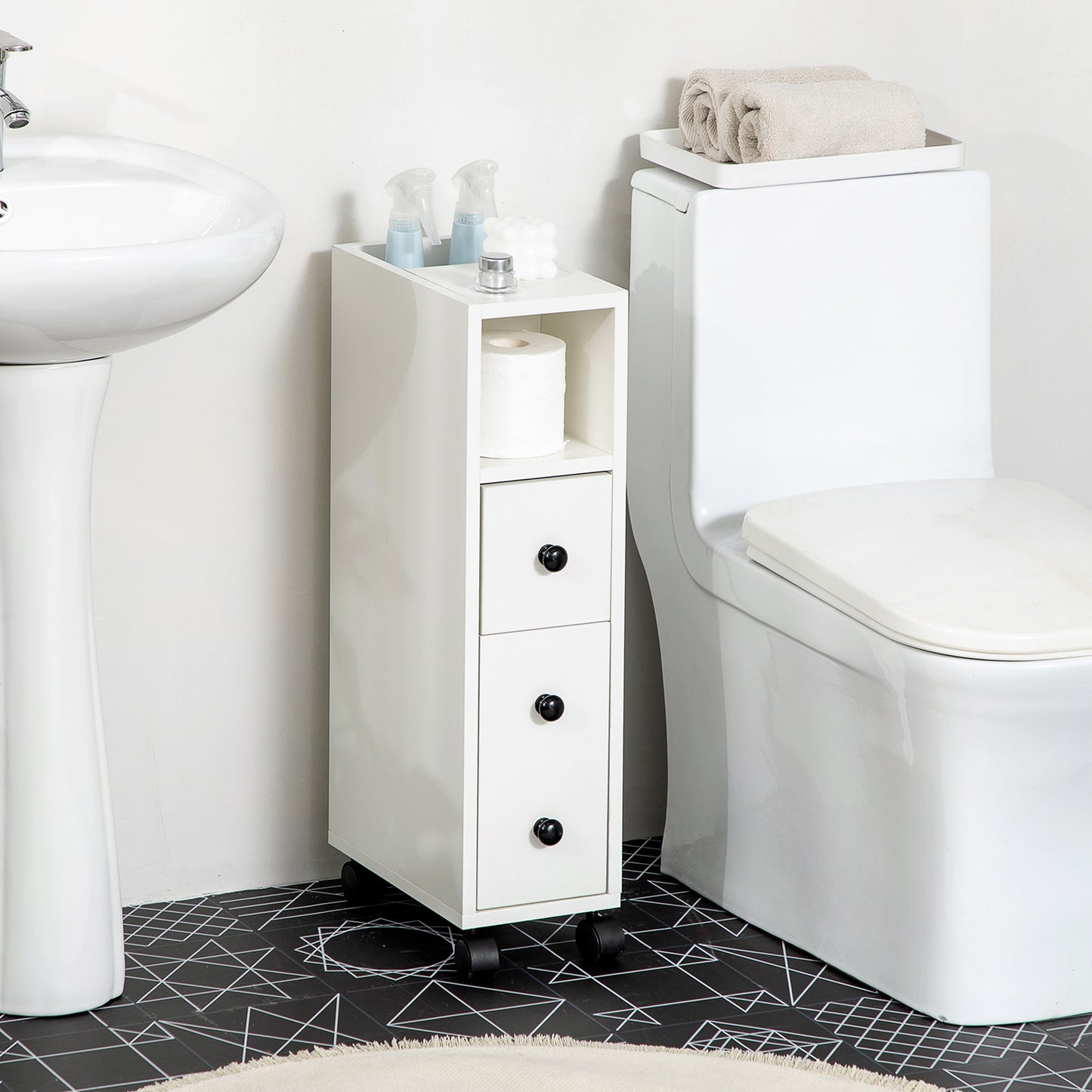 Slim Bathroom Cabinet with Wheels, Narrow Bathroom Storage Cabinet with Door, Drawer and 2 Open Compartments, White