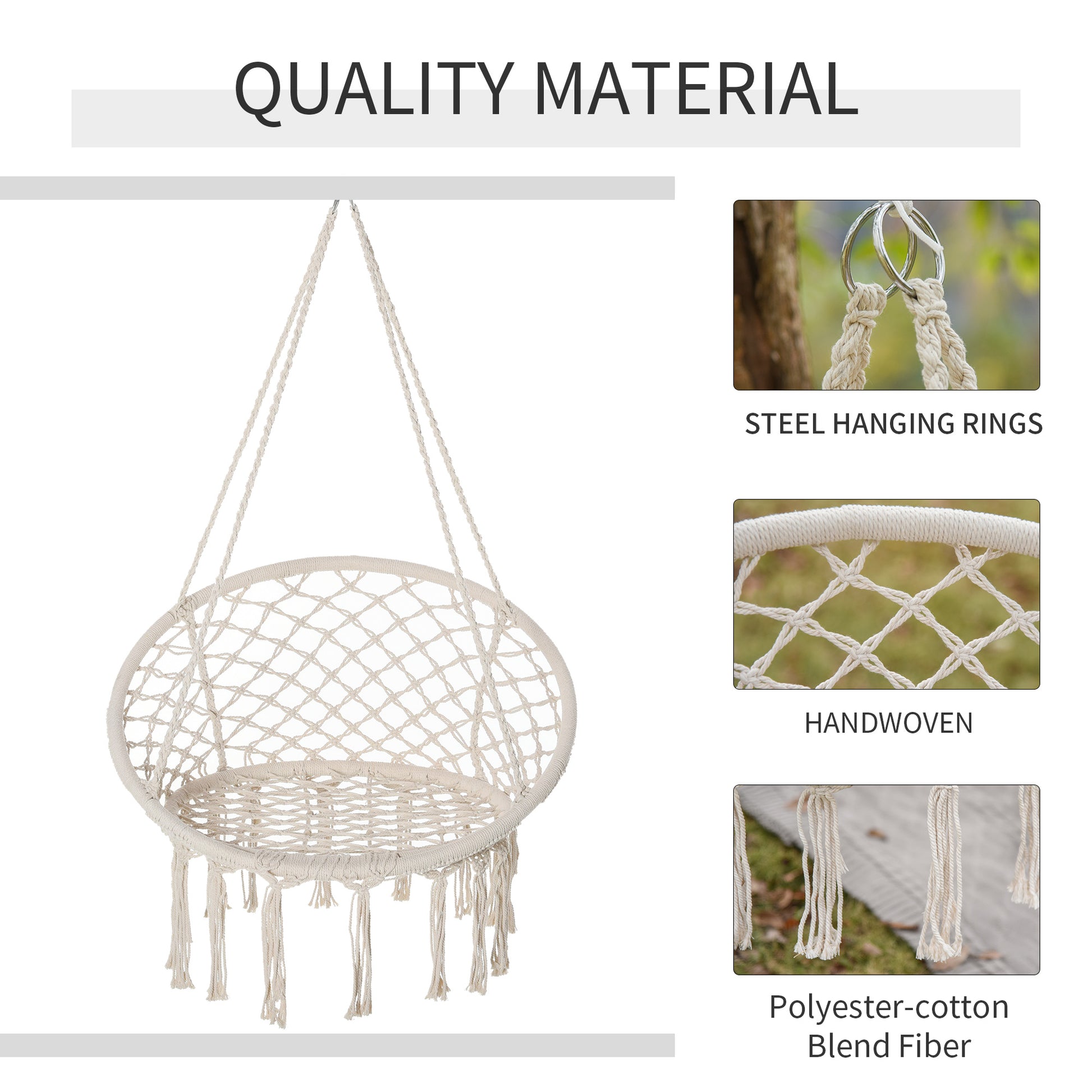 Patio Hammock Chair, Hanging Rope Hammock Swing for Indoor & Outdoor Use with Backrest, Cotton-Polyester Blend, Fringe T