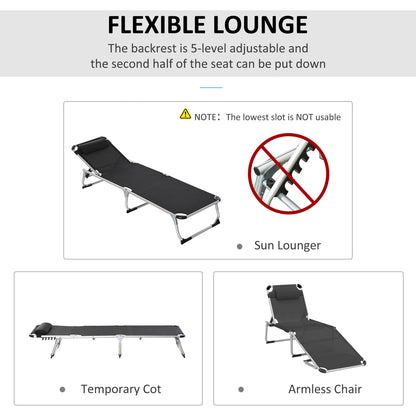 Folding Lounge Chair, Patio Lounger with Headrest, 5-Level Adjustable Backrest, and Aluminum Frame, Black