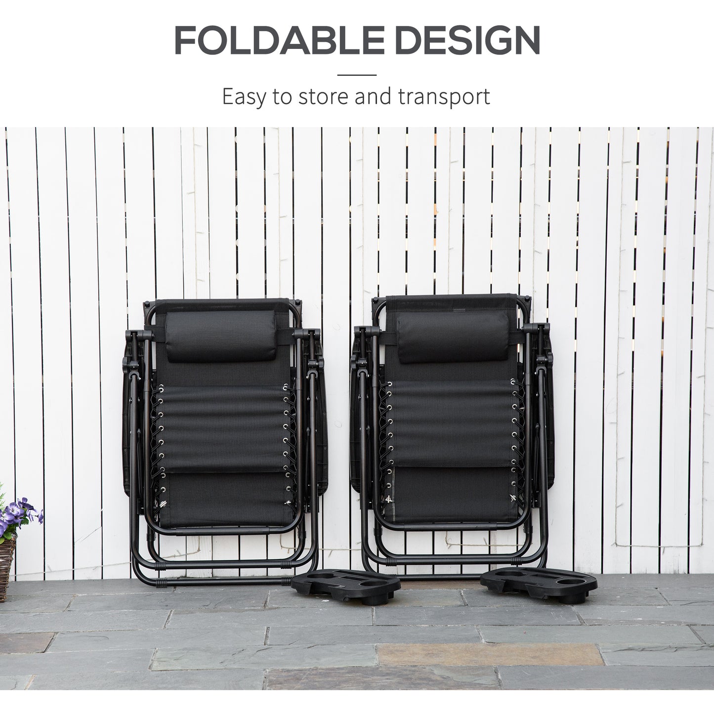 2 Piece Foldable Lounge Chair with Canopy Shade, Outdoor Zero Gravity Chair w/ Side Tray & Cup Holder, Reclining Lounger