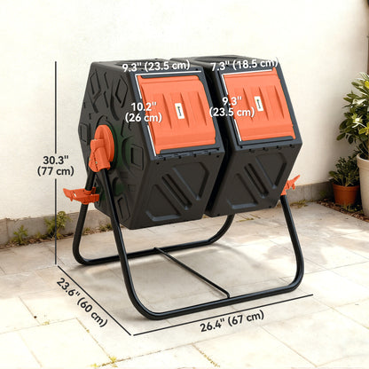 Rotating Composter, Dual Chamber Compost Bin with 24 Vents and Steel Legs, 34.5 Gallon, Orange