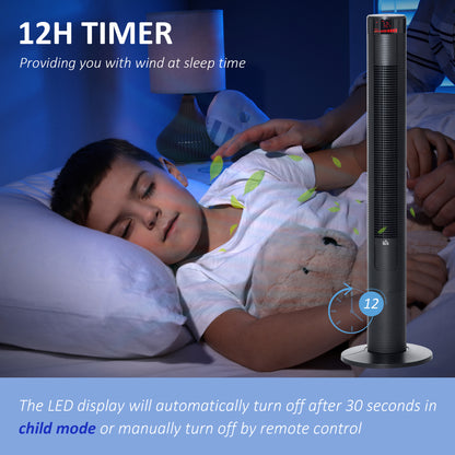 Freestanding Tower Fan Cooling for Home Bedroom with 3 Speed, 12h Timer, Oscillating, LED Panel, Remote Controller, Blac