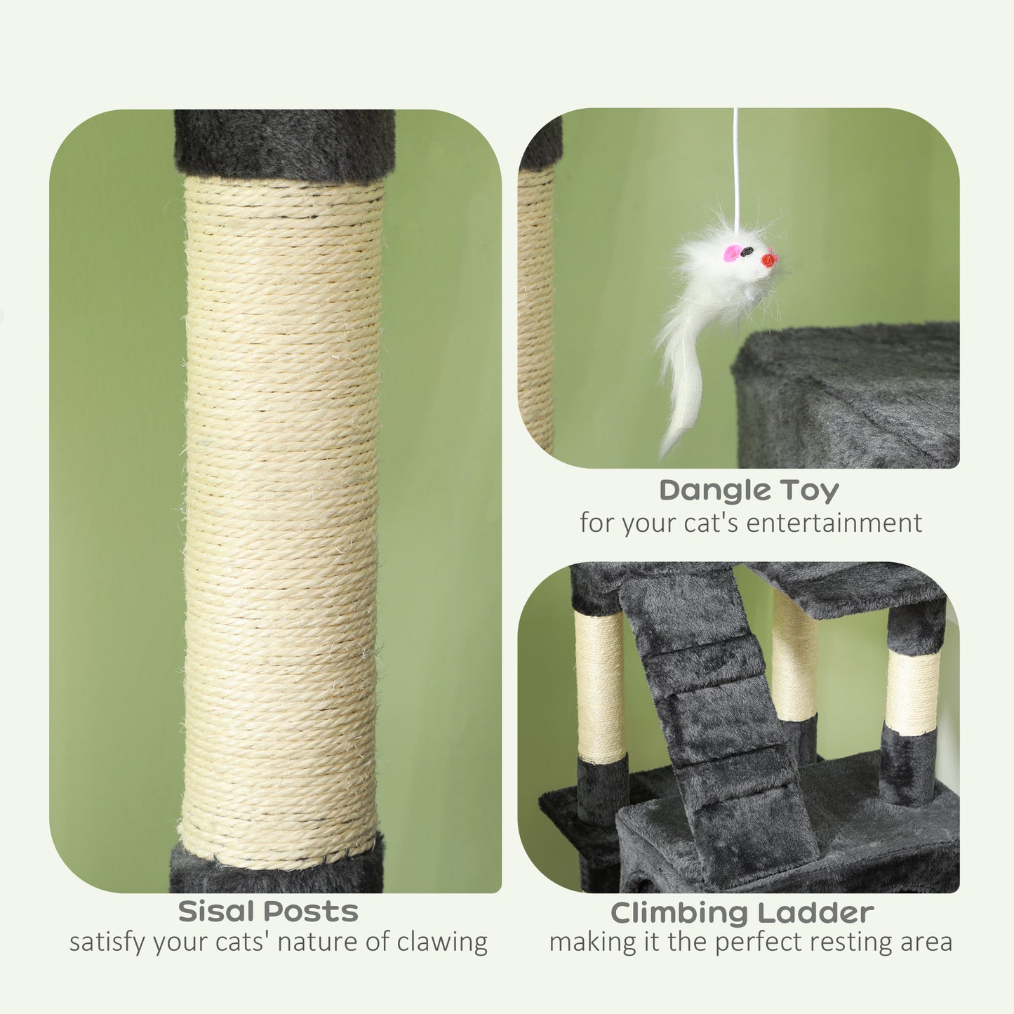 68" Multi-Level Cat Scratching Tree with 3 Perches & 2 Condos, 4 Tier Kitty Activity Center with Ladders & Dangling Toys