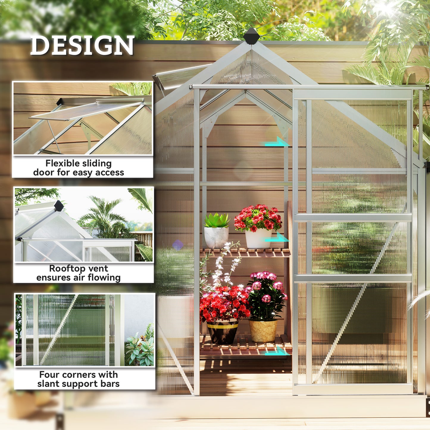 6' x 6' x 6.6' Polycarbonate Greenhouse, Walk-In Green House Kit Garden, Plants Grow, Galvanized Sheet Aluminum Frame wi