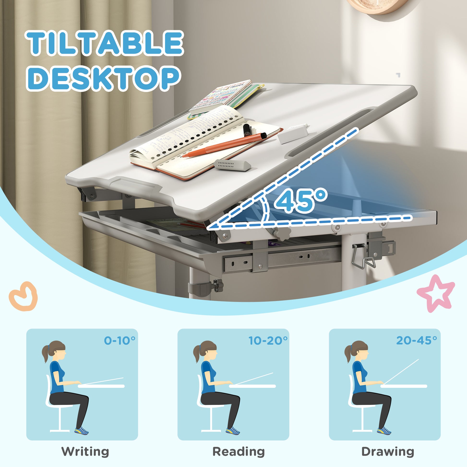 Qaba Height Adjustable Study Table and Chair Set with Drawer, Pen Slot, Tiltable Desktop, Hook, Grey
