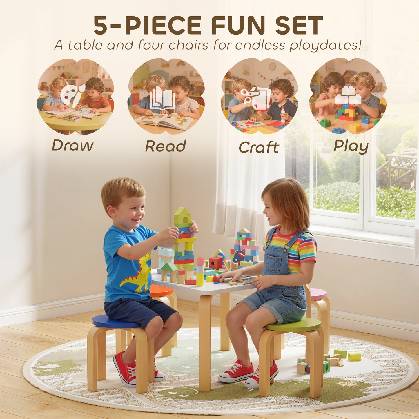 Qaba Kids Table and Chair Set, 5-Piece Children Furniture Set, Kids Table and 4 Chair Set for Daycare, Classroom, Playro