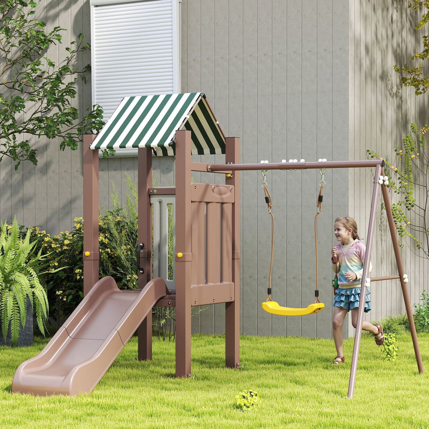 Qaba 4-in-1 Kids Swing Set for Playground with Slide, Covered Fort, Climbing Ladder, Ground Stakes, for Kids Ages 3-8, B