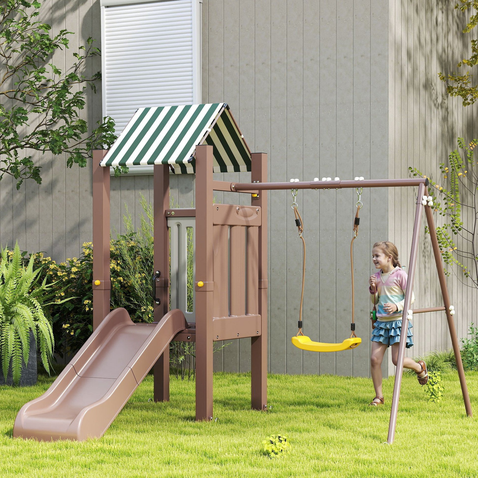 Qaba 4-in-1 Kids Swing Set for Playground with Slide, Covered Fort, Climbing Ladder, Ground Stakes, for Kids Ages 3-8, B