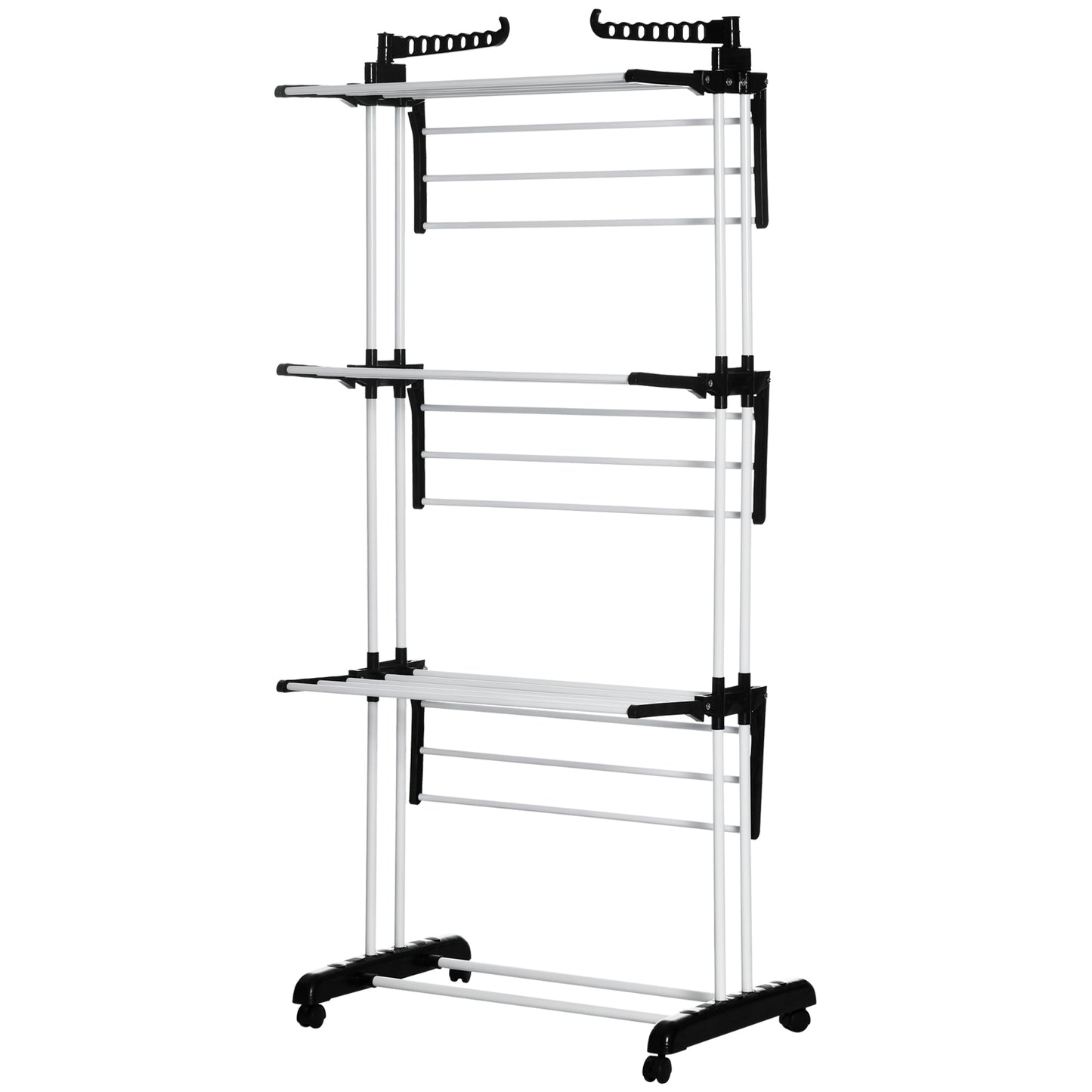 Foldable Clothes Drying Rack, 4-Tier Steel Laundry Rack for Drying Clothes with 2 Side Wings and 4 Castors, Indoor and O