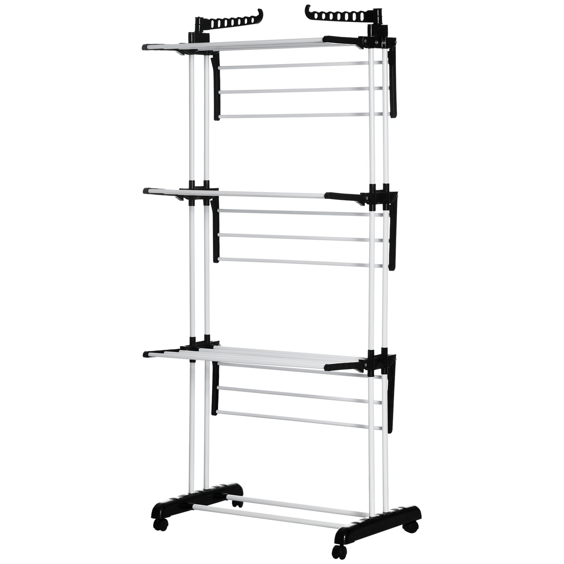 Foldable Clothes Drying Rack, 4-Tier Steel Laundry Rack for Drying Clothes with 2 Side Wings and 4 Castors, Indoor and O