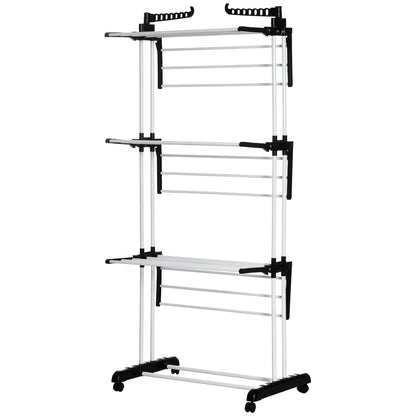 Foldable Clothes Drying Rack, 4-Tier Steel Laundry Rack for Drying Clothes with 2 Side Wings and 4 Castors, Indoor and O