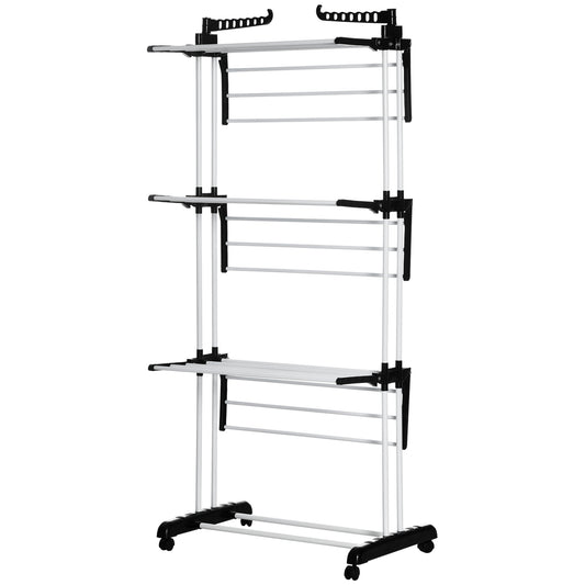 Foldable Clothes Drying Rack, 4-Tier Steel Laundry Rack for Drying Clothes with 2 Side Wings and 4 Castors, Indoor and O