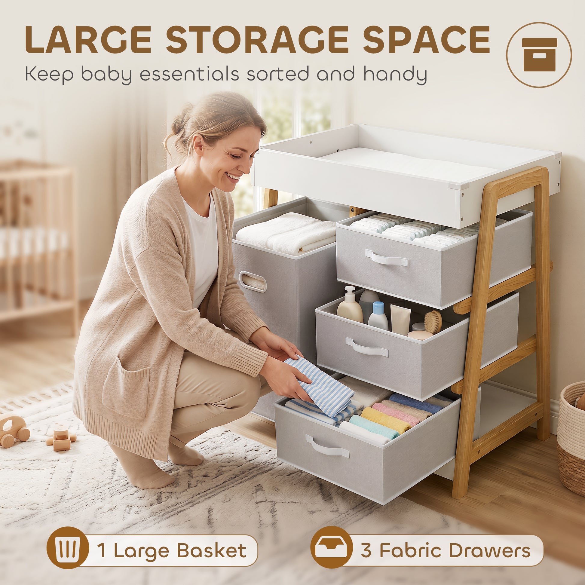 Qaba Baby Changing Table, Diaper Changing Station with Waterproof Pad, 3 Drawers and Large Basket for Newborn & Infant, 