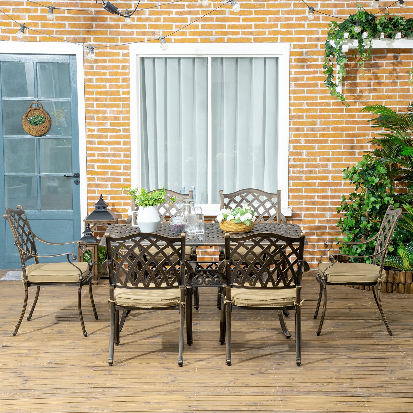 7 Pieces Patio Dining Set with Umbrella Hole, Cast Aluminum Outdoor Patio Furniture Set with 6 Cushioned Chairs and Rect