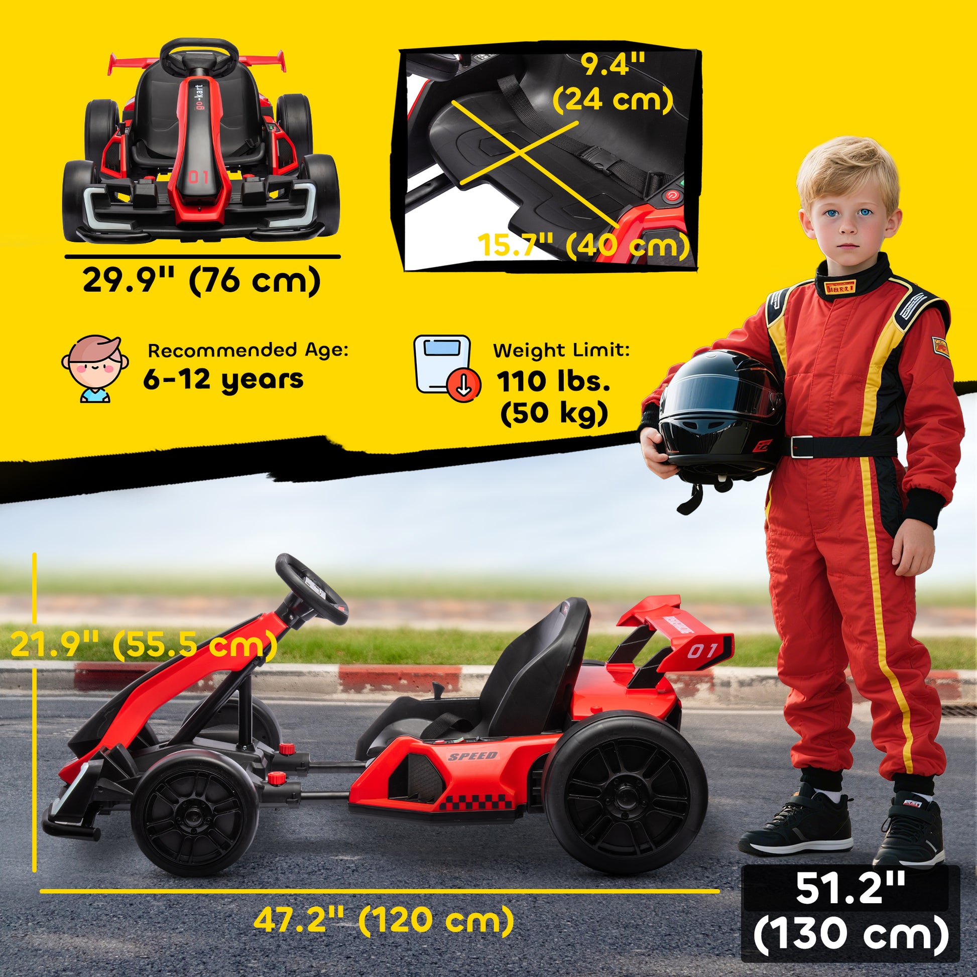 VarietyKart 24V Electric Go Kart, Battery Powered Kids Drift Kart with Adjustable Seat, Seat Belt, Horn, Music, Light, R