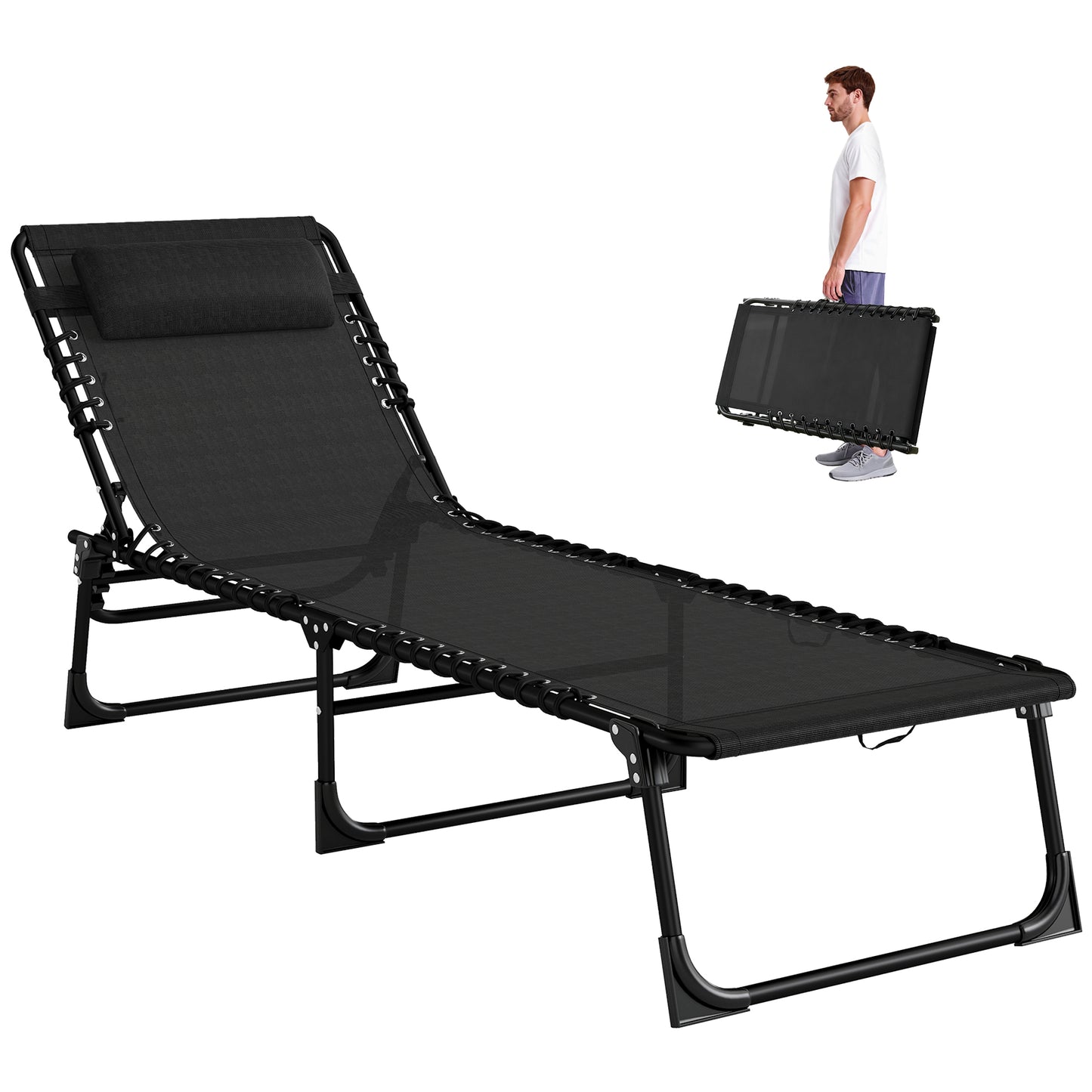 Outdoor Folding Lounge Chair, 4-Level Adjustable Chaise Lounge with Headrest, Tanning Chair Beach Bed Reclining Lounger 