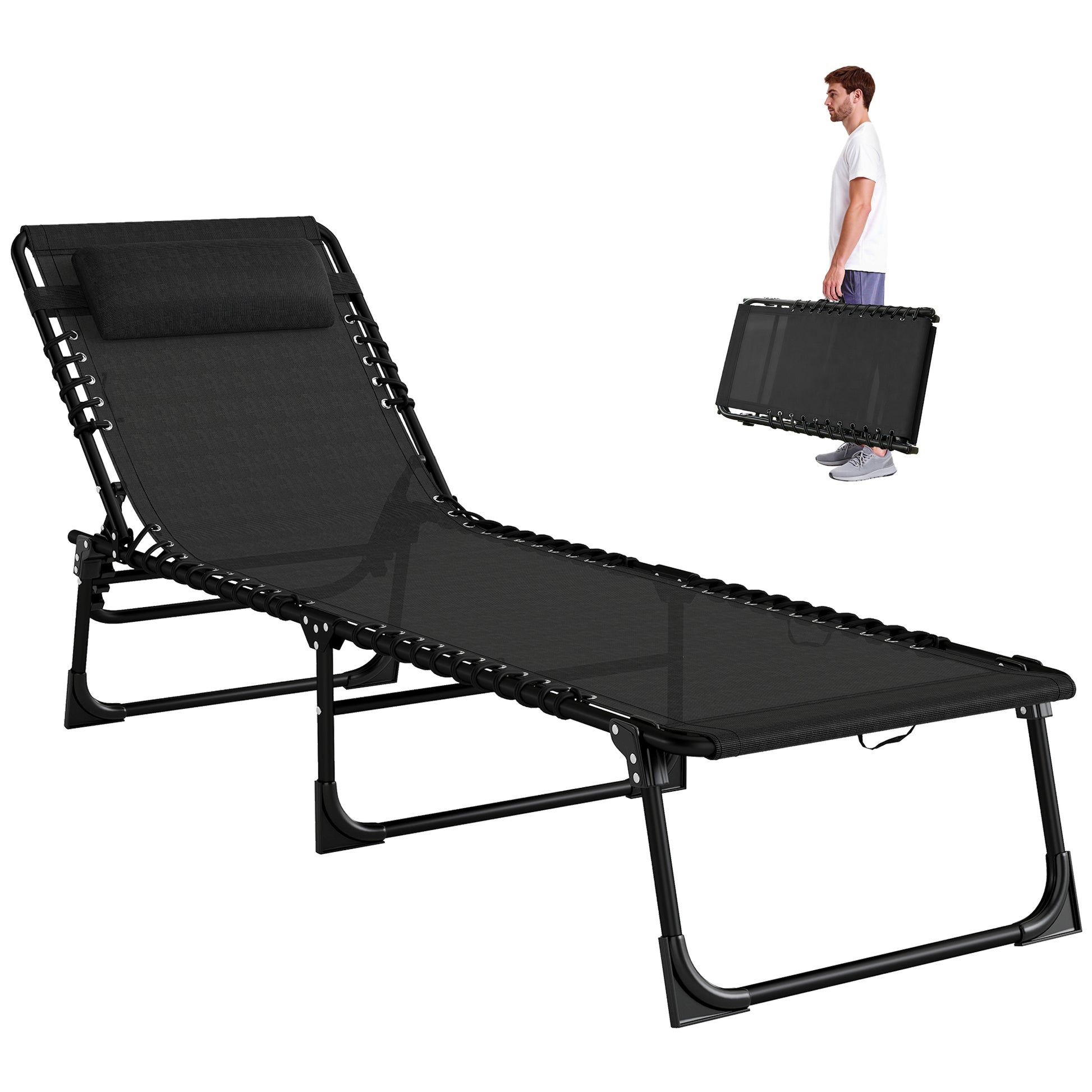 Outdoor Folding Lounge Chair, 4-Level Adjustable Chaise Lounge with Headrest, Tanning Chair Beach Bed Reclining Lounger 
