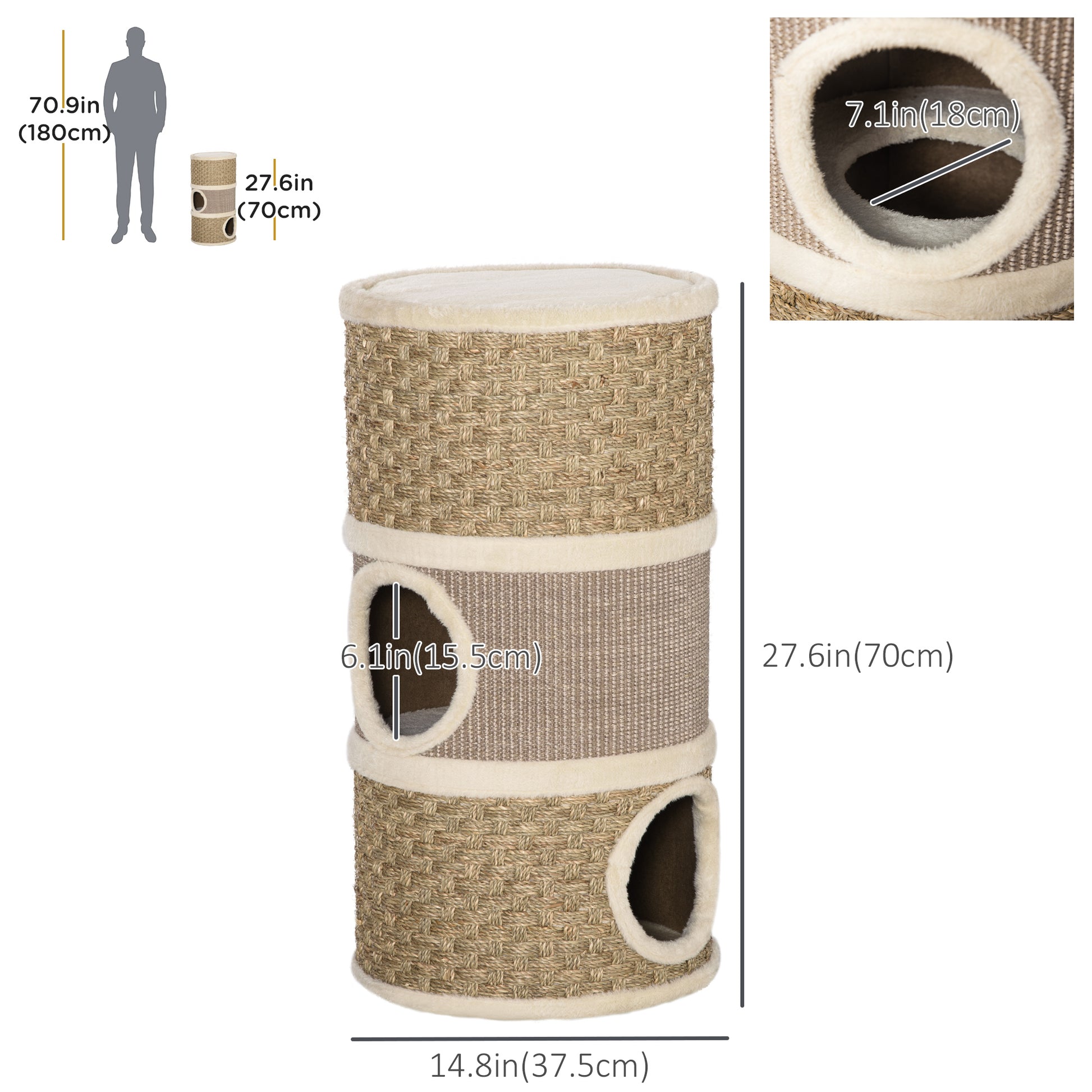 Cat Condo 3 Story Three Holes with Sisal Seaweed Scratching Cover Surface, Cat Tower for Indoor Cats, 15" x 28", Khaki a