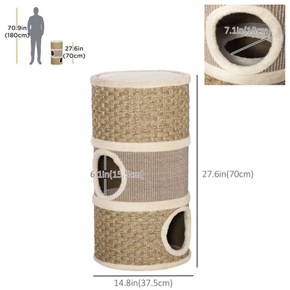 Cat Condo 3 Story Three Holes with Sisal Seaweed Scratching Cover Surface, Cat Tower for Indoor Cats, 15" x 28", Khaki a